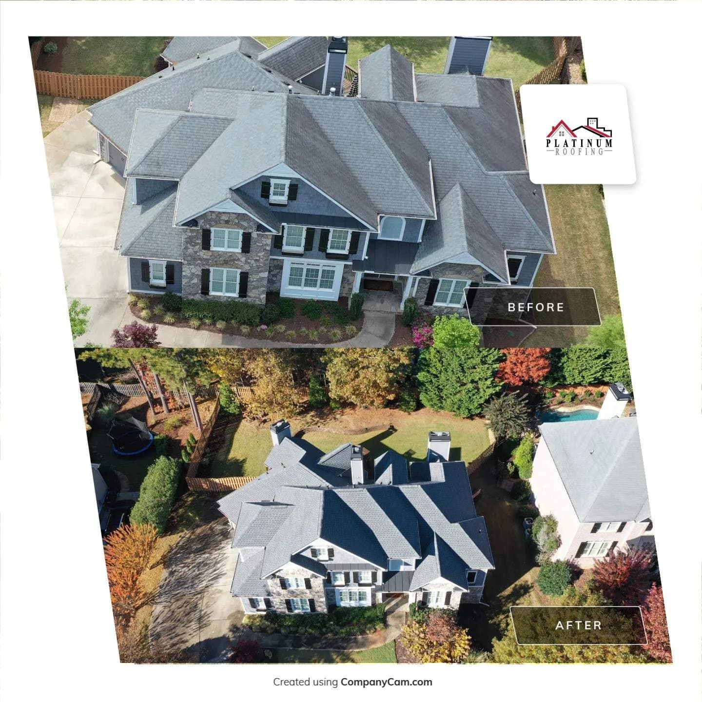 Aerial before and after of an estate roof replacement in North Atlanta