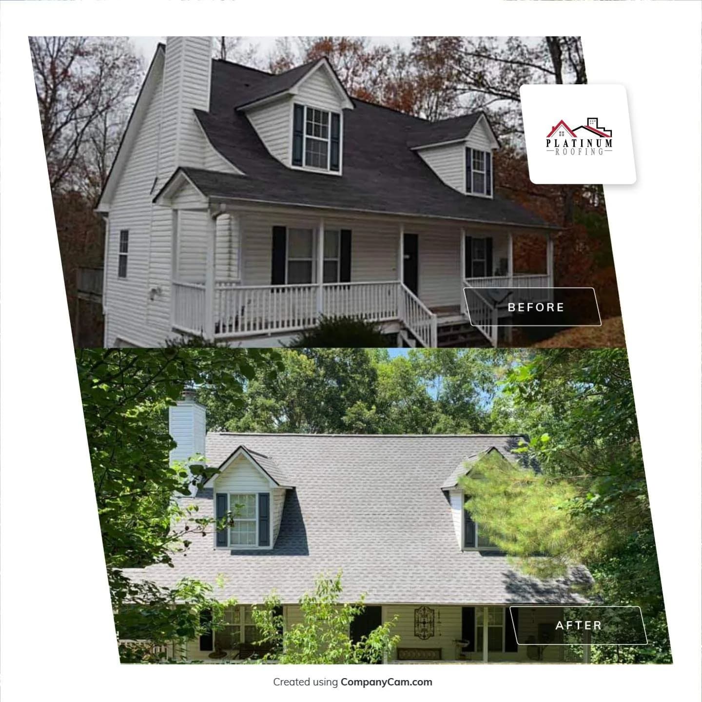 Before and after of a North Atlanta home roof replacement