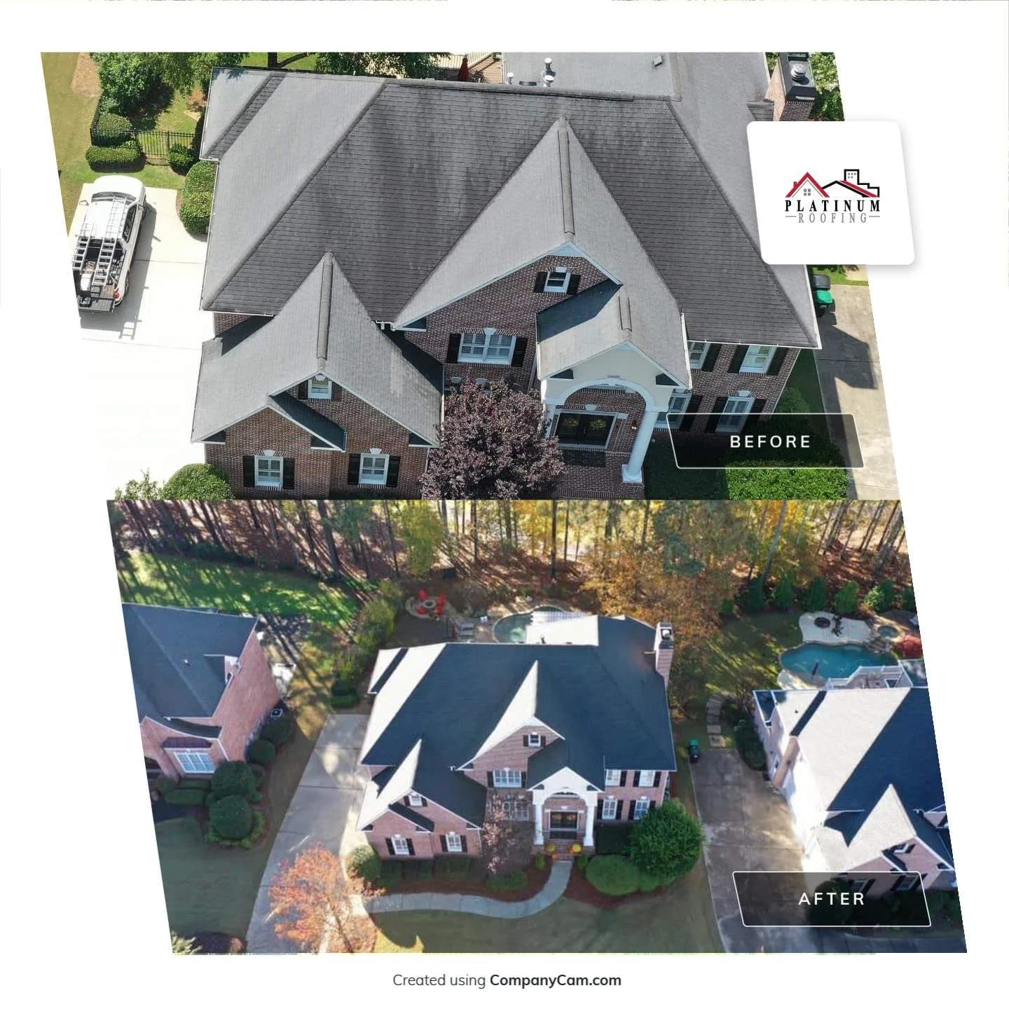 Roof replacement before and after on a metro Atlanta home