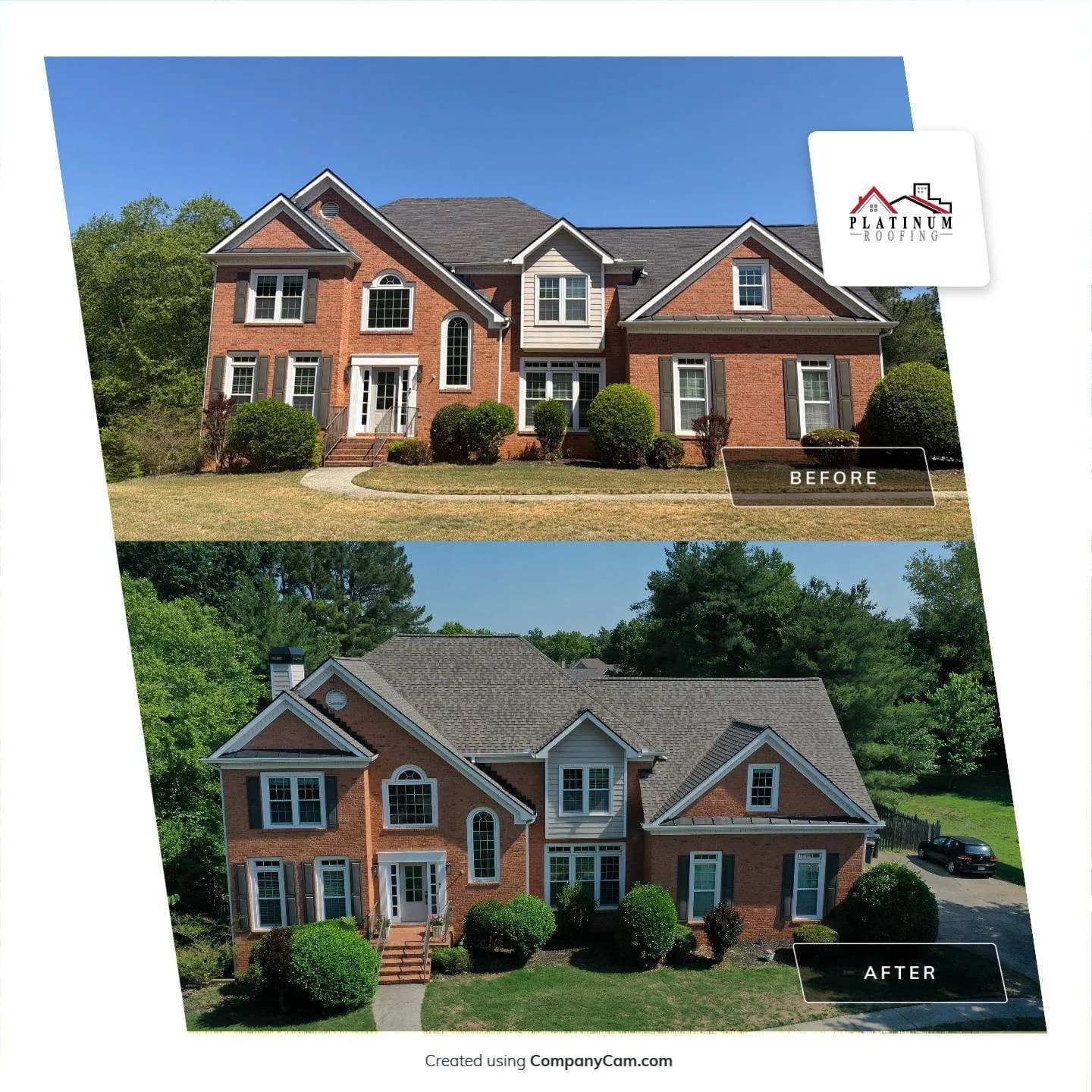 Before and after of a completed roof replacement in North Georgia